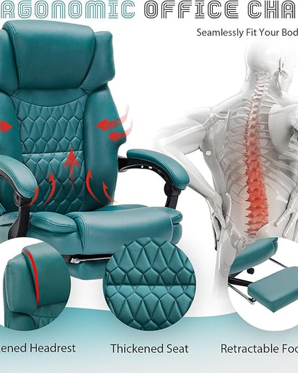 Massage Office Chair with Foot Rest 6 Points Vibration and Heat Home Office Desk Chairs for Heavy People 400lbs Reclining Managerial Chairs Ergonomic Executive Chair (Teal Blue)