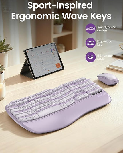 Purple Ergonomic Wireless Keyboard and Mouse Combo, Sablute 2.4G Full Size Ergo Wave Key Board with Cushioned Plam Rest, Natural Typing, 3 DPI Adjustable Silent Mouse for Computer/Laptop/Windows/Mac