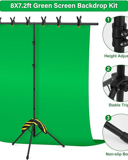 Green Screen Backdrop Kit 8X7.2ft,Portable greenscreen Background with Stand,Adjustable T-Shape Photo Backdrop Stand for Photography, Streaming,Video,Studio,Party,Zoom