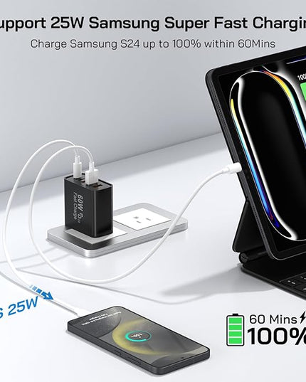 2Pack USB C Fast Charger Block, 60W 5-Port USB C Wall Charger 30W Type C Charging Block, 2USB C+3USB A PPS/PD 3.0 Multiport Charging Cube for iPhone 17 16 15 14 Pro Max,for Galaxy S25 S24 Ultra, i Pad