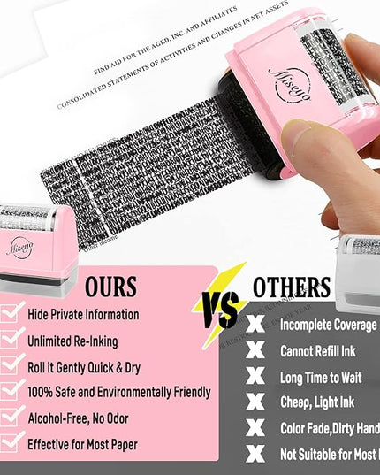 Miseyo Wide Identity Theft Protection Roller Stamp Set - Pink (3 Refill Ink Included)