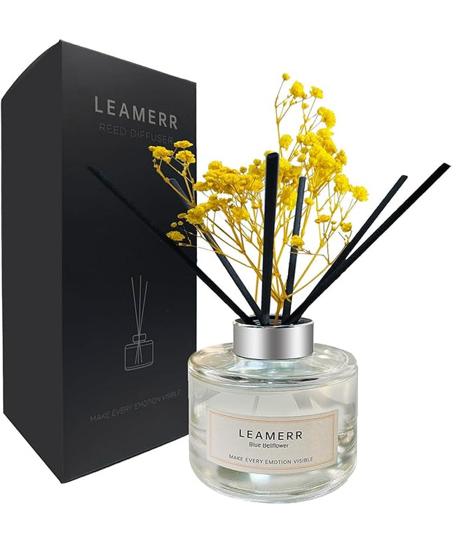 LEAMERR Reed Diffuser Sets Home Fragrance Essential Oil Diffuser Blue Bellflower Scent- 7 oz (210 ml) Fragrance Oil Diffuser for Bedroom Bathroom Home Décor Includes Reed Diffuser Sticks Scented Oils