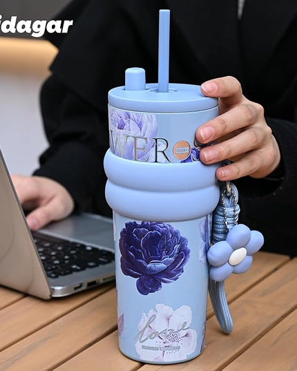 24 oz Stainless Steel Tumbler with Lid and Straw, Insulated Coffee Mug, Leak Proof, Portable Iced Travel Water Bottle, Reusable Thermal Coffee Cup, Floral Blue
