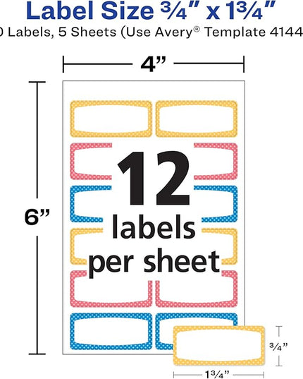 Avery Durable Labels for Kids' Gear,3/4" x 1-3/4",Assorted Border Colors,Water-Resistant Labels,60 Total (41442),(Pack of 2)