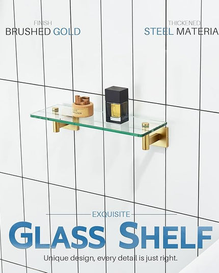 KOKOSIRI Wall Shelves Floating Shelf 12'' Gold Stainless Steel Bathroom Hardware Tempered Glass Hanging Rack Storage/Room Decor 2 Pack B1105BG-L12-P2