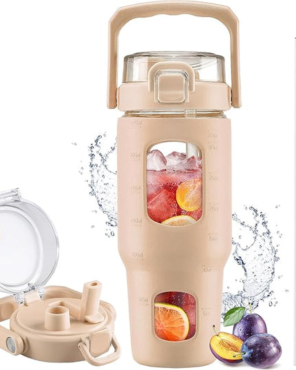 BLUEGO 32oz Glass Tumbler with Lid and Handle, Iced Coffee Cup with Straws, Glass Water Bottle with Silicone Sleeve and Volume, Marker Glass Cup with Time Marking, BPA Free, Amber