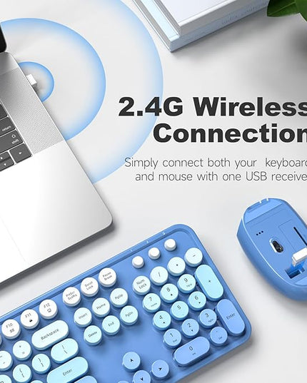 MOFII Wireless Keyboard and Mouse Combo, Full Size 2.4G Plug and Play Typewriter Retro Round Computer Keyboard and Mouse Set for Windows, Computer, Desktop, PC, Notebook - (Blue Gradient)