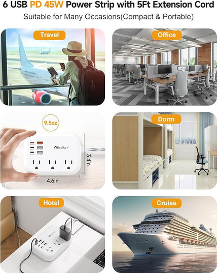 PD45W USB C Travel Power Strip, Cruise Power Strip with 6 USB(3 USB C) Ports and 3 Outlets, 5Ft Flat Plug Braided Extension Cord, 45W Fast Charging Station for MacBook Laptops iPad Pro iPhone Samsung