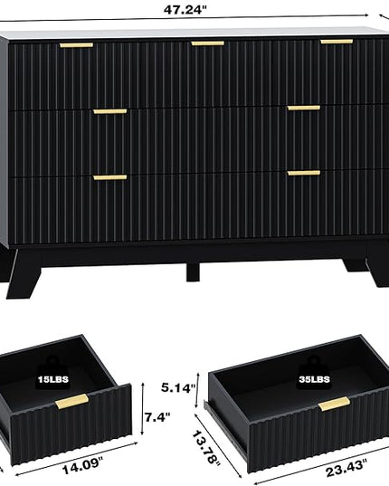 HUANLEGO Fluted Dresser for Bedroom with 7 Drawer, Mid Century Modern Chest of Drawers, 48" Wide Natural Wood Dresser for Closet, Wooden Boho Chest Closet Storage TV Stand for Bedroom, Black