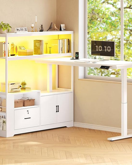 SEDETA 56.7" L Shaped Standing Desk, Reversible Computer Office Desk with Drawers & Hutch, Stand Up Corner Gaming Desks with LED Lights & Power Outlets for Home Office, White