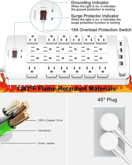 Surge Protector Power Strip - QINLIANF 20Ft Flat Plug Heavy Duty Extension Cord with 24 Outlets and 4 USB Ports(2 USB-C Ports), 1875W/15A, 4100J, for Home, Office, Dorm, ETL Listed, White