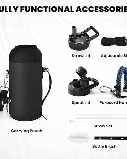 Insulated Water Bottle 32 oz, Triple Wall Vacuum Stainless Steel (Cold for 48 Hrs), Leak Proof & Non-BPA, Modern Water Flask Jug with Paracord Handle & Straw Spout Lids, Navy Blue