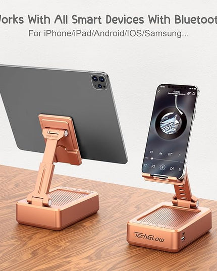 TechGlow Gifts for Men Women Foldable Cellphone Stand with Bluetooth Speaker and Charging Function Birthday Gift Idea for Mom Dad Cool Gadget Tech Gifts-Rose Gold