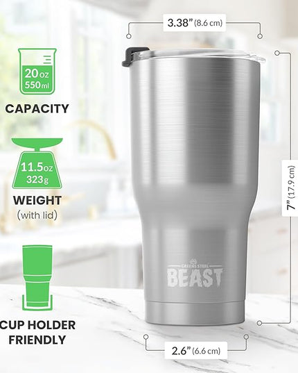 Beast 20 oz Tumbler Stainless Steel Vacuum Insulated Coffee Ice Cup Double Wall Travel Flask (Stainless Steel)