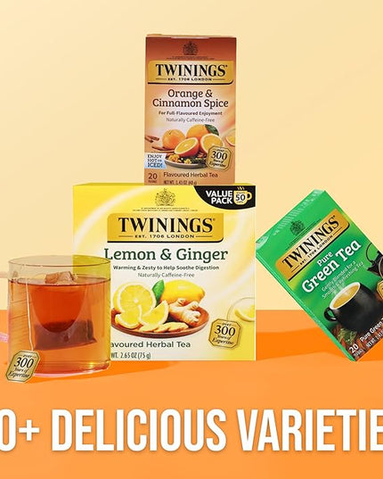 Twinings Orange & Cinnamon Spice Herbal Tea Individually Wrapped Bags, 20 Count (Pack of 6), Naturally Caffeine-Free, Enjoy Hot or Iced, 120 Teabags