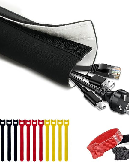 Cable Management Sleeve 6.6ft (80 inch) - 1.5 inch, Hook-and-Loop Cuttable Neoprene Cord Organizer, Split Wire Reversible Cord Protector for TV USB PC Ethernet Cable Hider Protect Pets Kids