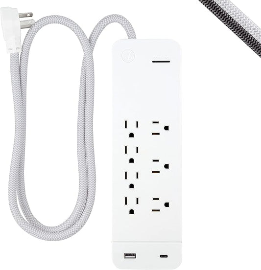GE UltraPro 7 Outlet Surge Protector, USB-C Charging, 4 ft Designer Braided Extension Cord, 1440 Joules, ETL Listed, White, 41355