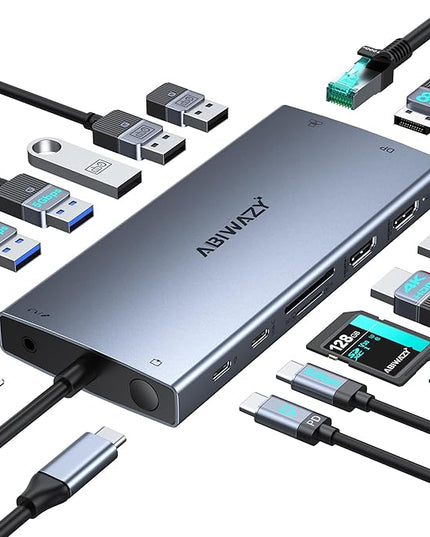 USB C Laptop Docking Station Dual Monitor for Dell XPS/HP/Lenovo/Surface, 15 in 1 USB C Hub 3 Monitor Adapter Dock with 8K DisplayPort, 2 HDMI 4K@60Hz, 6 USB A/C, 100W PD, Ethernet, SD/MicroSD