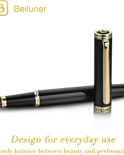 BEILUNER Black Fountain Pen,Stunning Luxury Pens with 24K Gold Accents, Gorgeous 24K Gilded Nib(Medium), Trustworthy Pen Gift for Men&Women -Ink Converter-Elegant, Reliable,Nice Pen for Writing