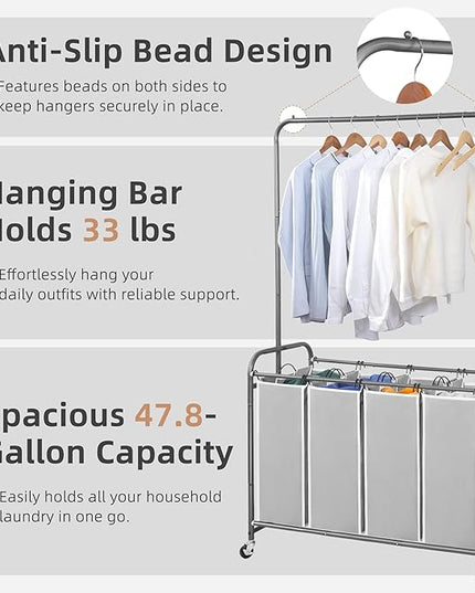 STORAGE MANIAC Laundry Sorter with Hanging Bar, Portable, Removable Laundry Hamper Cart with Heavy Duty Rolling Lockable Wheels and Removable Bags, Rolling Laundry Basket Organizer 181L, 4 Section