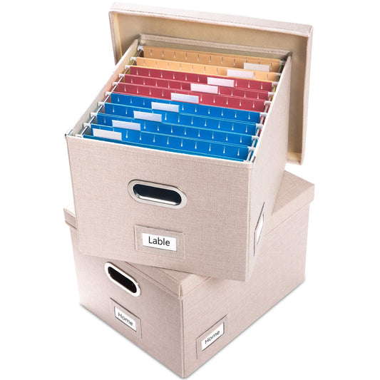 PRANDOM File Organizer Box - Set of 2 Collapsible Decorative Linen Filing Storage Hanging File Folders with Lids Office Cabinet Letter/Legal Size Light Grey (17x14x11.2 inch)