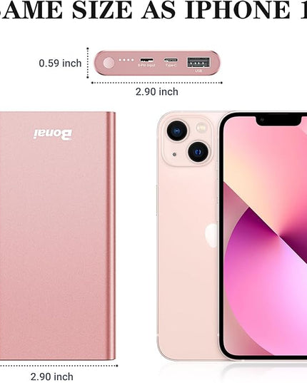 BONAI Portable Charger 12,000mAh 5V/3A Fast Charging Power Bank, Dural Input & Output Ports (USB-C in & Out) Portable Phone Charger for iPhone 17/16/15/14/13/12 Series Galxy Android iPad etc- Pink
