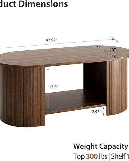 OneBlis Oval Fluted Coffee Table, 2-Tier Center Table with Large Storage, Mid-Century Modern Wood Coffees Table for Living Room, Home Office, Small Space, Walnut