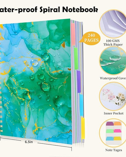 5 Subject Notebook College Ruled, A5 Spiral Notebook with Removable Pocket Dividers Tabs, Lined Organizer Notebook Journal for Women, 240 Pages Notebooks for Work School Note Taking, Green Marble
