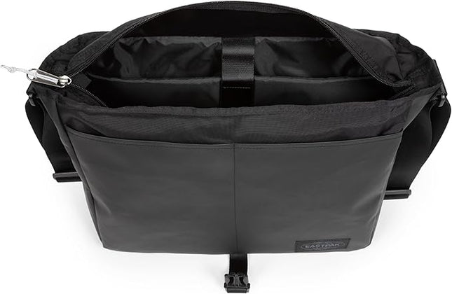 EASTPAK Delegate + – 20L Weatherproof Shoulder Bag with 17" Laptop Sleeve, Trolley Strap, Reflective Details, Adjustable Padded Strap, Tarp Black