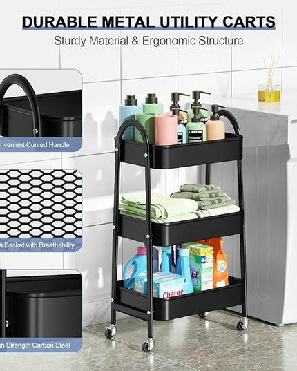 EAGMAK 3 Tier Utility Rolling Cart, Metal Storage Cart with Handle and Lockable Wheels, Multifunctional Storage Organizer Trolley with Mesh Baskets for Kitchen, Living Room, Office, Garage (Black)