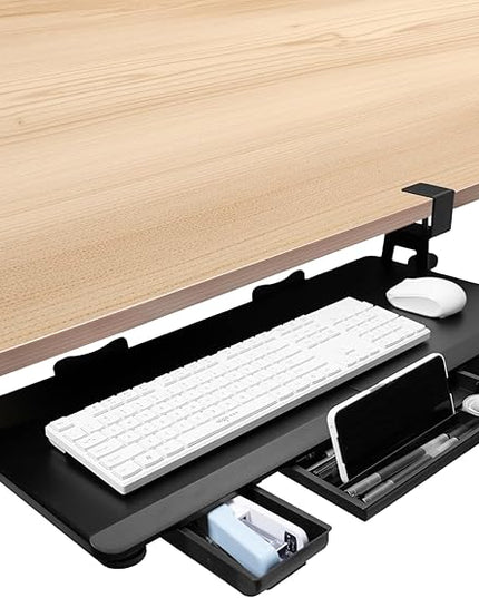 Large Keyboard Tray Under Desk Slide Out with Sturdy C-Clamp Mount and Storage Drawer, 27" (31" Including Clamps) x 12" Ergonomic Keyboard Trays for Home and Office, Black