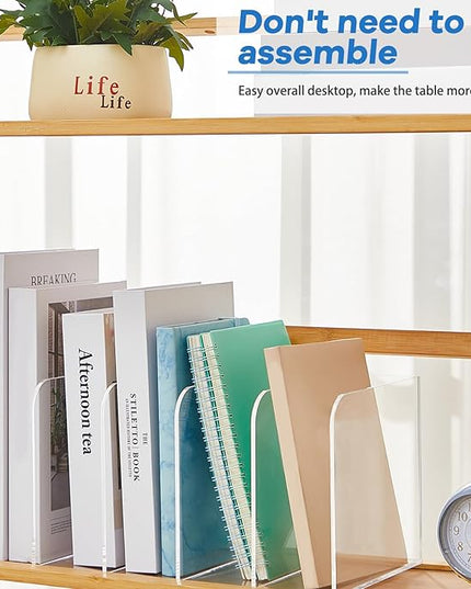 Suzile Clear Acrylic Magazine File Holder with Vertical Compartments Desk Organizer Book Rack for Desk Sorter Paper Folder Office Accessories(Clear,14.2 x 7.2 x 6.5 Inch)