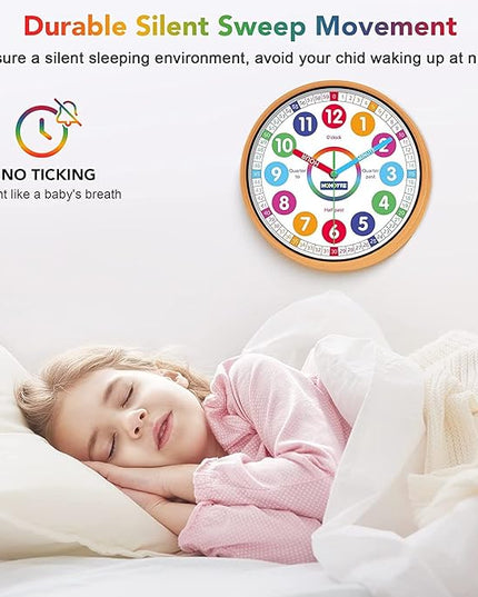 Kids Wall Clock for Bedroom, 10 Inch Round Multi-Colored Learning Clock, Children's Silent Analog Non-Ticking Educational Wall Clock for Boys and Girls Home Decor