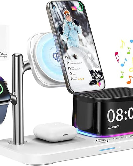 6-in-1 Wireless Charging Station for Multiple Apple Devices with Bluetooth Speakers Alarm Clock Night Light，Qi2.2 Phone Charger Stand for iPhone 17/16/15/14/13/12 Pro Max Apple Watch Airpods