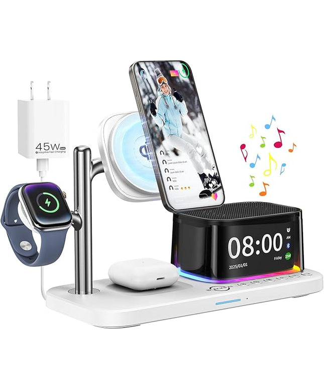6-in-1 Wireless Charging Station for Multiple Apple Devices with Bluetooth Speakers Alarm Clock Night Light，Qi2.2 Phone Charger Stand for iPhone 17/16/15/14/13/12 Pro Max Apple Watch Airpods