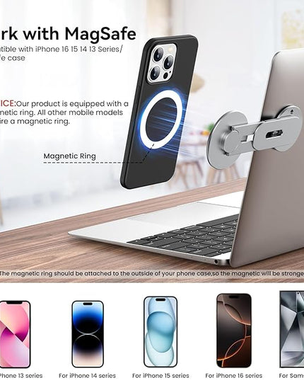 Magnetic Phone Holder for Laptop for MagSafe for iPhone 17/16/15/14/13/12 & All Phones, 180°Adjustable Phone Side Mount for Computer Monitor for Tesla, Desktop Cell Phone Bracket, Gray