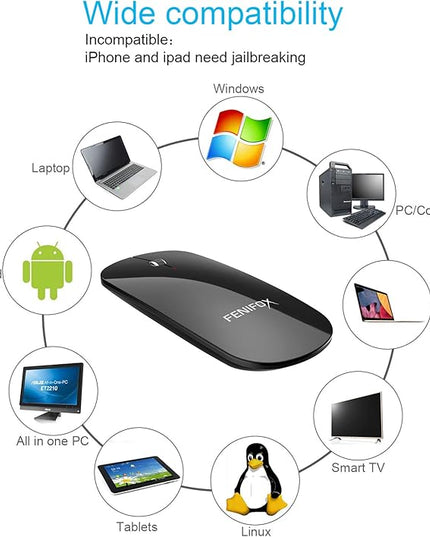 FENIFOX Wireless Bluetooth Mouse, Ultra-Thin Flat and Slim Silent USB-C Rechargeable Travel Mini Portable Mouse for Mac iPad Laptop MacBook Tablet Chromebook - Black