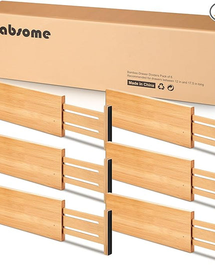 Fabsome Dresser Drawer Organizers 6 Pack, 4.65'' High Adjustable from 17-22‘’ Bamboo Drawer Dividers for Clothing Baby Clothes, Wooden Separators for Dresser Nursery Organization with Soft Foam Ends