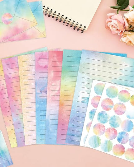 160 Pcs Stationery Paper Envelopes Set Includes 50 Lined Writing Paper & 50 Envelopes with 60 Colorful Round Dot Stickers, Cute Vintage Watercolor Letter Writing Stationery Paper Envelopes(10Style)