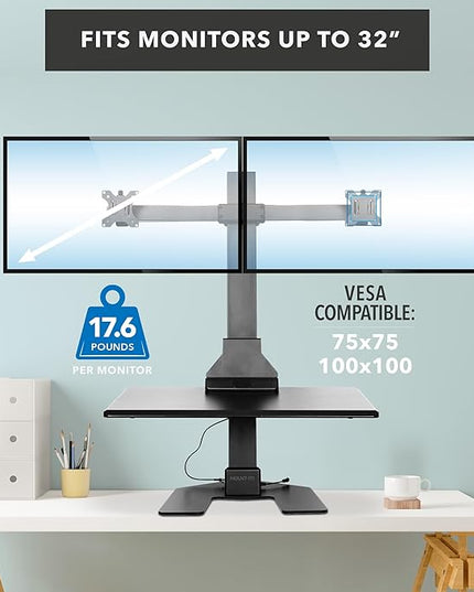 Mount-It! Double Monitor Electric Standing Desk Converter - 2 Screens Stand Up Desk Riser - Height Adjustable Desktop & 2 Mounts for Screens up to 32", Sit-Stand Convertor for Home, Office, School