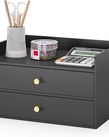 Bamboo Desk Organizer with Drawers Wooden Desktop Storage Drawers for Bills Office Supplies Kitchen Utensils Organizing Tool for Home Classroom Organization No Assembly (2 Drawers, Black)