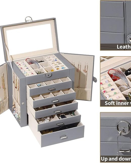 BOOVO Jewelry Box For women, 6 Layer Large Jewelry Organizer With Mirror, Multi-Function Storage Box With Lock, Accessory Holder With 5 Drawers, For Earrings Necklace Ring Bracelet (Gray)