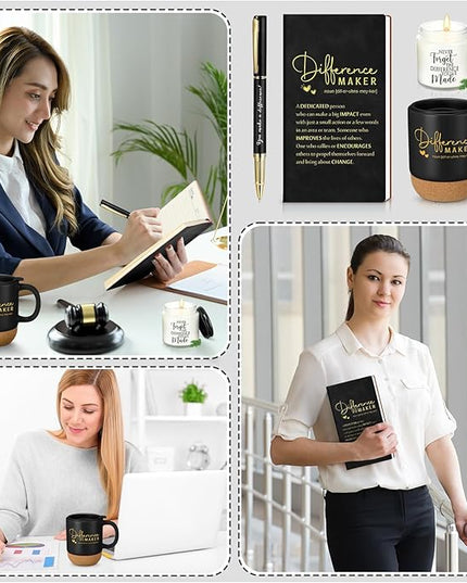4 Pcs Difference Maker Gift for Women Men Teacher Employee Appreciation Gift for Coworker Staff Coach Difference Maker Mug Notebook Scented Candle Motivational Ballpoint Pen for Valentines(Black)