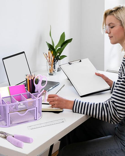 17 in 1 Purple Desk Organizers and Accessories Set, 3 Office Desk Supplies Storage Organization, 4 Pens, Stapler, Staples & Remover, Tape & Dispenser, Scissors, Ruler, Clips, Hole Punch Back to School