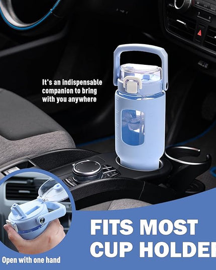 BLUEGO 40oz Glass Tumbler with Lid and Straw, Glass Water Bottles with Handle, Glass Cup with Time Marker and Silicone Sleeve, Fits Most Cup Holder, Leak-proof, Blue
