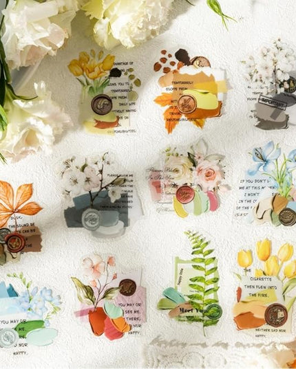 Dwpetzo 6 Assorted Watercolor Mixed Floral Leaf Collage Stickers for Journaling, 120Pcs Decorative Background PET Stickers for Scrapbooking, Junk Journal Supplies, Card Making