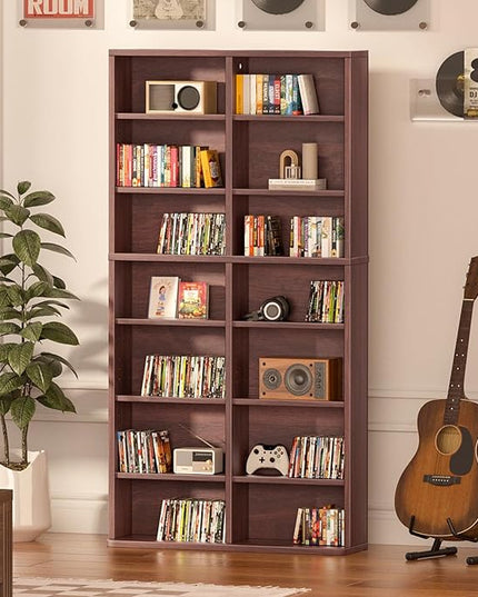 LELELINKY 7 Tier Tall Display Cabinet, Walnut Media Storage Cabinet with Adjustable Shelves, Free Standing DVD Organizer Shelf, Floor Multimedia Storage Manga Bookshelf for Living Room & Home Office.
