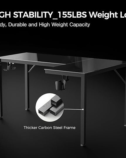 EUREKA ERGONOMIC RGB LED Lights 60 Inch L Shaped Reversible Black Glass Gaming Desk Home Office Computer Table GTG L60