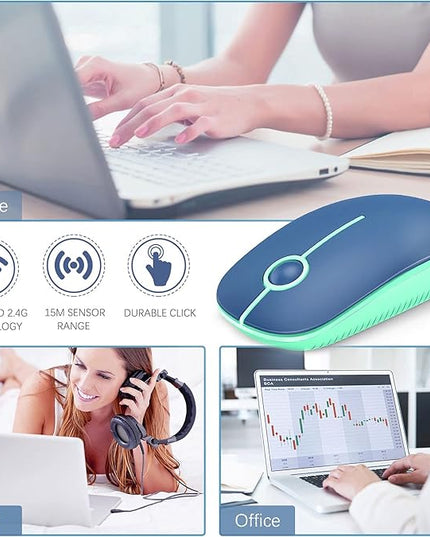 VssoPlor Wireless Mouse, 2.4G Slim Portable Computer Laptop Mouse with Nano Receiver Quiet Silent Optical Mice for Notebook, PC, Laptop, Computer-Blue and Green