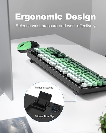 MOFII Wireless Keyboard and Mouse Combo, Full Size 2.4G Plug and Play Typewriter Retro Round Computer Keyboard and Mouse Set for Windows, Computer, Desktop, PC, Notebook - (Black Green Gradient)
